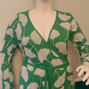 Diane Von Furstenberg Green Knit Cardigan Set with Cream Leaf Motif